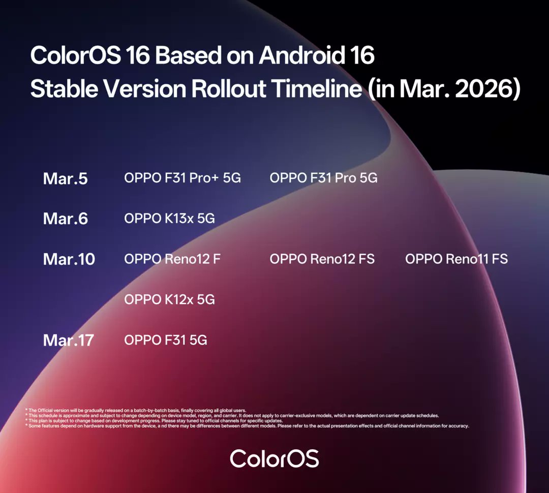 🚨 ColorOS 16 (Android 16) Rollout Starts OPPO has shared the March 2026 ...