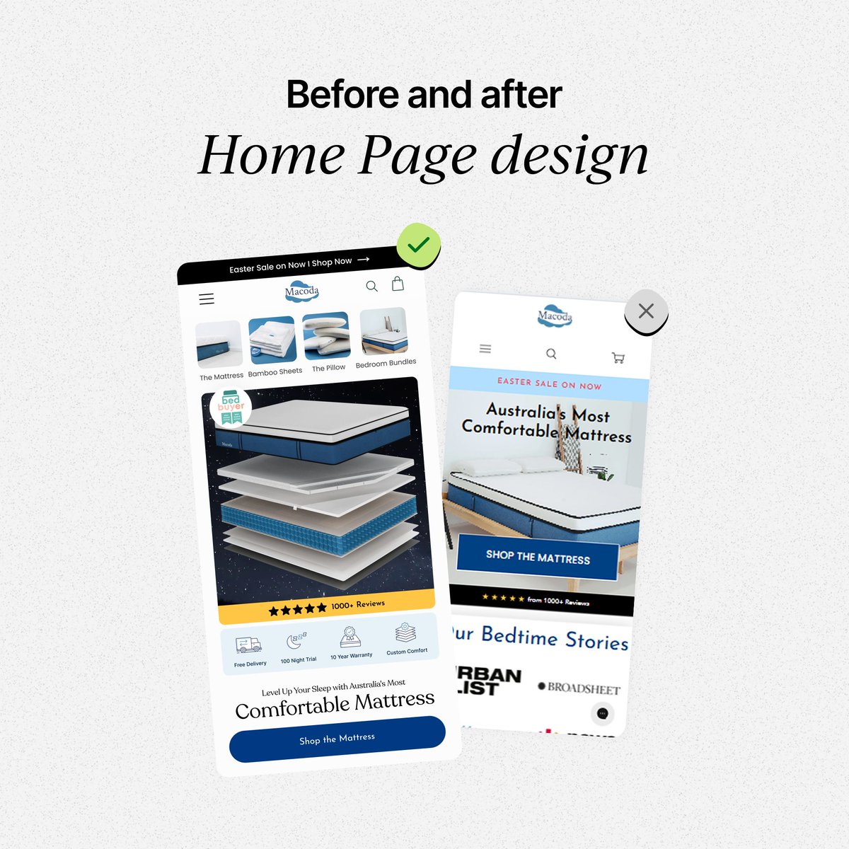 DevelopiosA's tweet photo. Before &amp; After: Conversion-Driven Homepage Boost 🛏️
A simplified header, clear product hierarchy, trust signals, and a strong CTA can turn browsers into buyers.

📈 Want a FREE CRO website audit? Reach out: cro@developios.com

#CRO #WebDesign #UX https://t.co/h4WLQI9Ta1