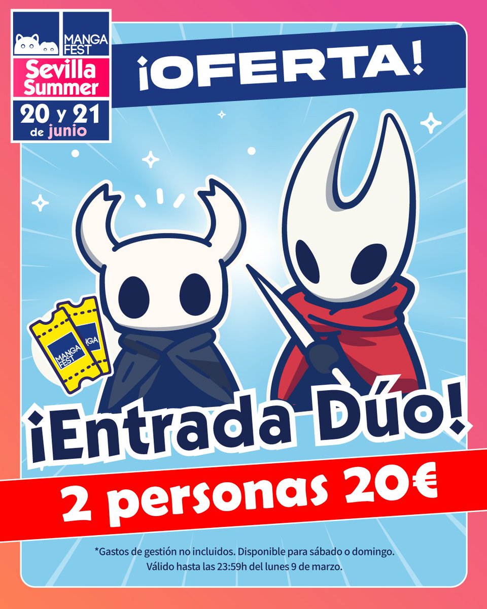 Mangafest's tweet photo. 🎊 ¡Ven acompañad@ a Mangafest Summer Edition! 🎊

Aprovecha la Entrada Dúo de sábado o domingo, ¡da acceso a DOS PERSONAS por solo 20 €!!

No te quedes sin la tuya, disponible solo hasta el lunes 9 de marzo 🔥

📅 20 y 21 de junio
📍 FIBES (Sevilla)
💻 https://t.co/YrkyWqIZFg https://t.co/j5DO4qk2GX