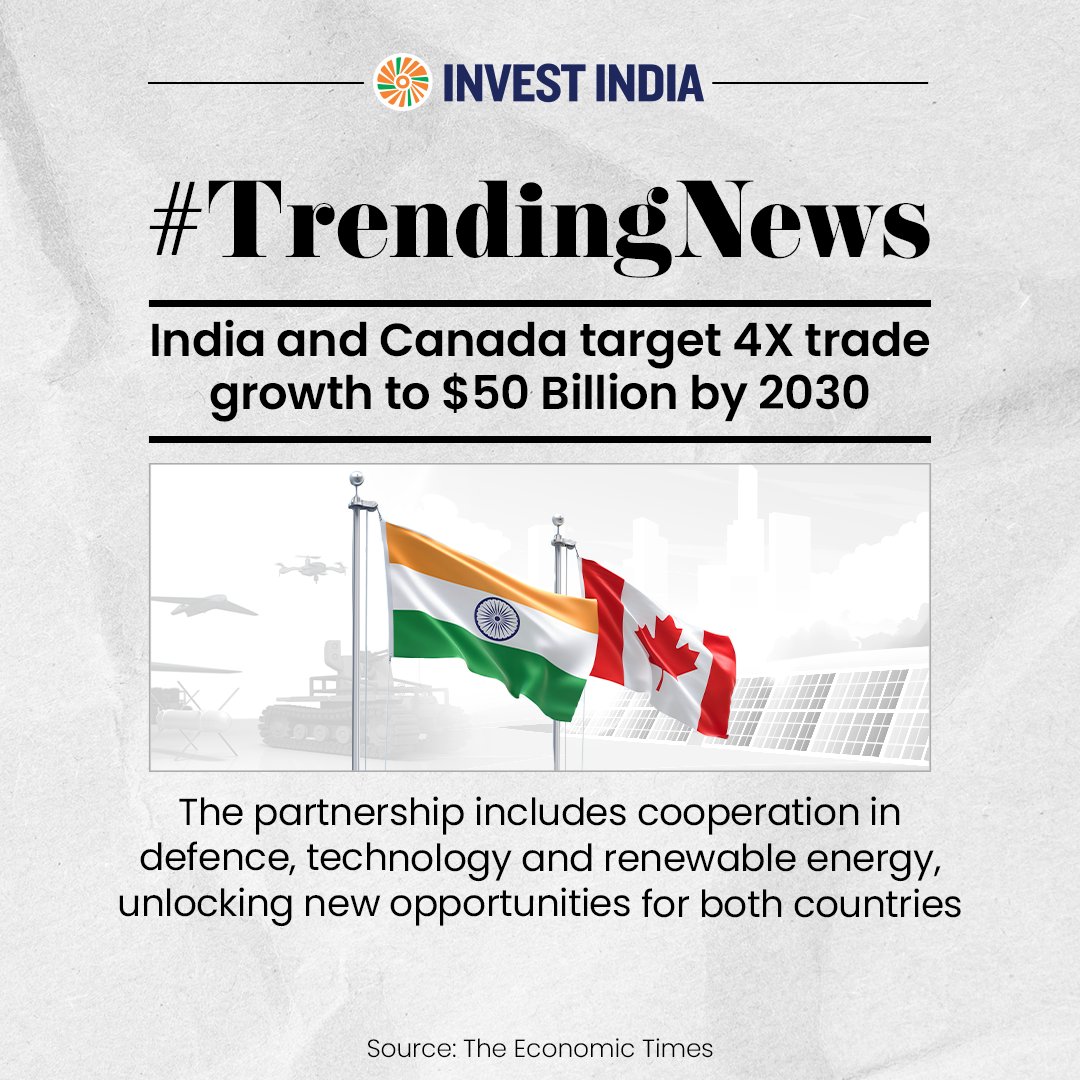 investindia's tweet image. Two vibrant economies. One expanding partnership. #IndiaAndCanada are exploring deeper trade integration through the proposed #CEPA, paving the way for greater investment, stronger supply chains and new avenues.

Read more: tinyurl.com/533585v4

#TrendingNews @HCI_Ottawa