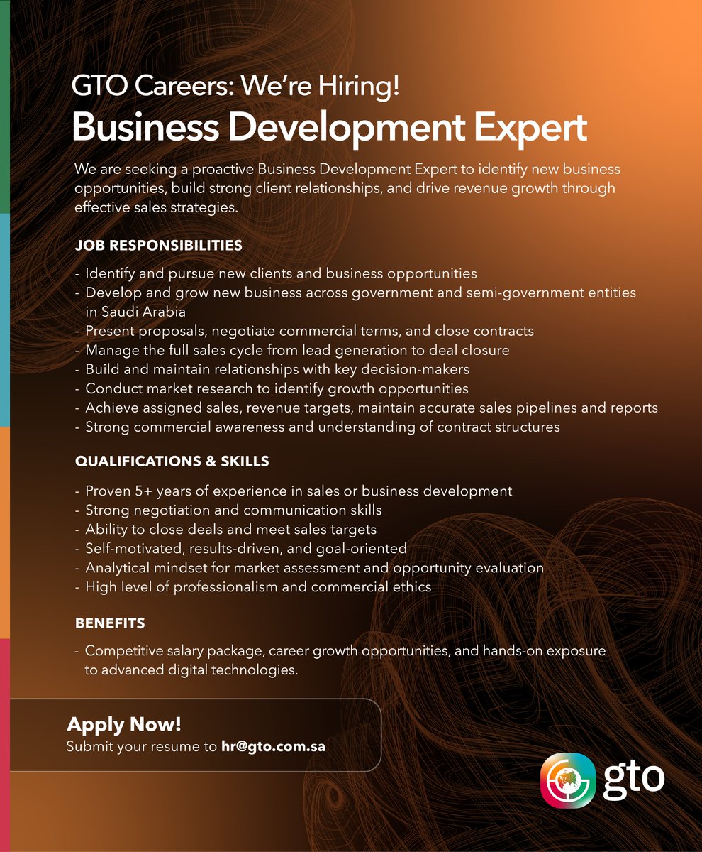 We are looking for a 'Business Development Expert' to identify new opportunities, build strong client relationships, and support our continued growth in the Kingdom.

📩 Apply by sending your CV to hr@gto.com.sa

#GTO #GTOCareers #SaudiJobs #KSA