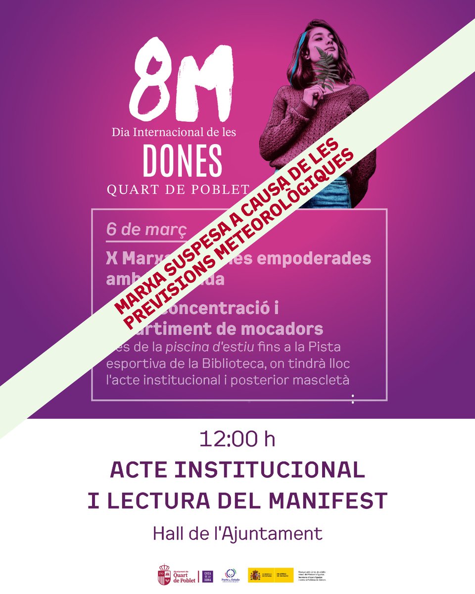quartdepoblet's tweet photo. ❌🗓️ A causa de les previsions meteorològiques, se suspén la Marxa de dones empoderades este divendres 6 i la mascletà.

---------------------

❌🗓️ A causa de las previsiones meteorológicas, se suspende la Marcha de mujeres empoderadas este viernes 6 y la mascletà.

@donaQdP https://t.co/A04RT2j1YK