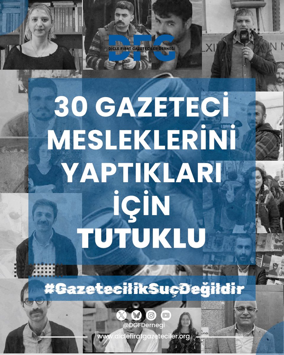 📌30 Gazeteci mesleklerini yaptıkları için tutuklu

👉Nedim Oruç
👉Nadiye Gürbüz
👉Pınar Gayıp
👉Elif Bayburt
👉Müslüm Koyun
👉Alican Uludağ
👉Merdan Yanardağ
👉Cihan Berk
👉Ziya Ataman 
👉Devrim Ayık
👉Enver Aysever
👉Hatice Çoban

👉Listenin tamamı raporumuzda