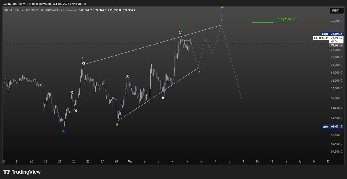 The expectation analysis, the 2nd and 3rd fractals of the diagonal are complete and the 4th and 5th are expected to be the next steps.  #BTC #BTCUSD 

x.com/letsbornagain/…