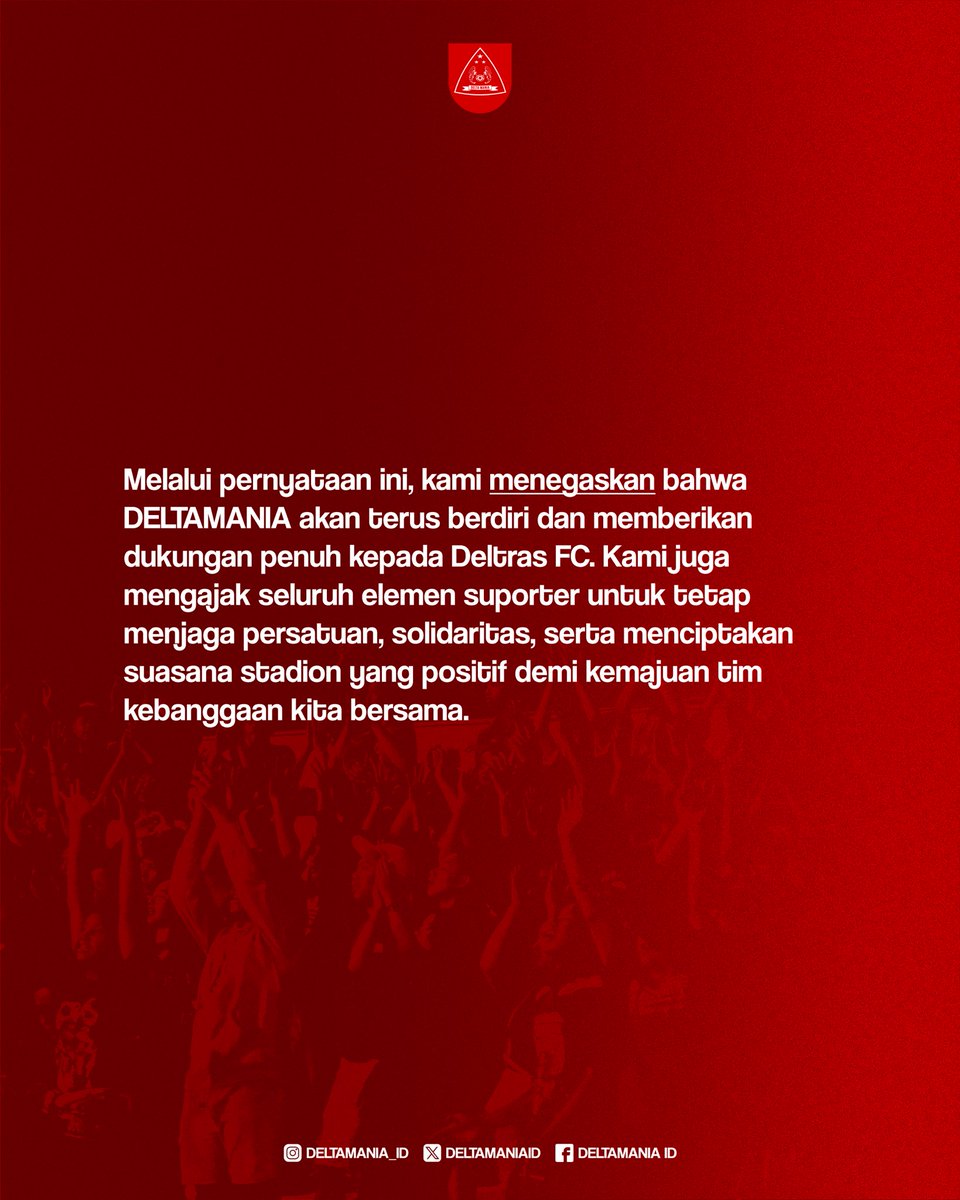Official Statement Deltamania!

Menanggapi isu perihal pengosongan tribun, kami tegaskan bahwa kami menolak atas ajakan tersebut. Deltamania akan tetap berdiri dan mengawal Deltras Sidoarjo dengan apapun kondisinya, dengan berapapun yang tersisa.

SALAM VIRUS DAMAI!