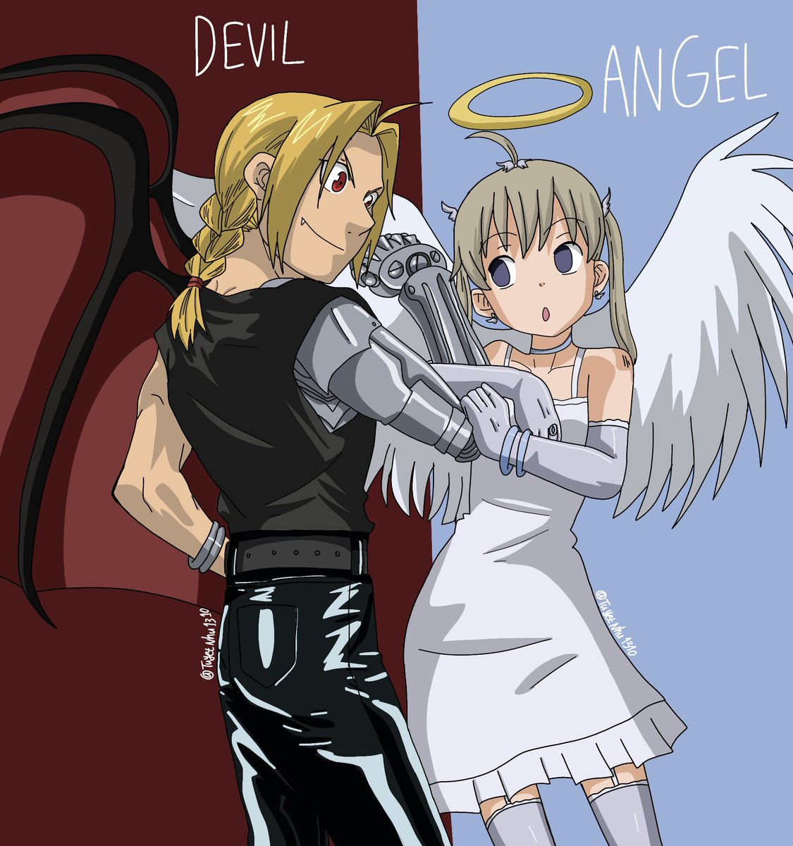 RcomNhu1310's tweet photo. Devil Edward x Angel Maka! ❤️💙 #fma #souleater #edwardelric #makaalbarn #edma https://t.co/v4tyq85c0A