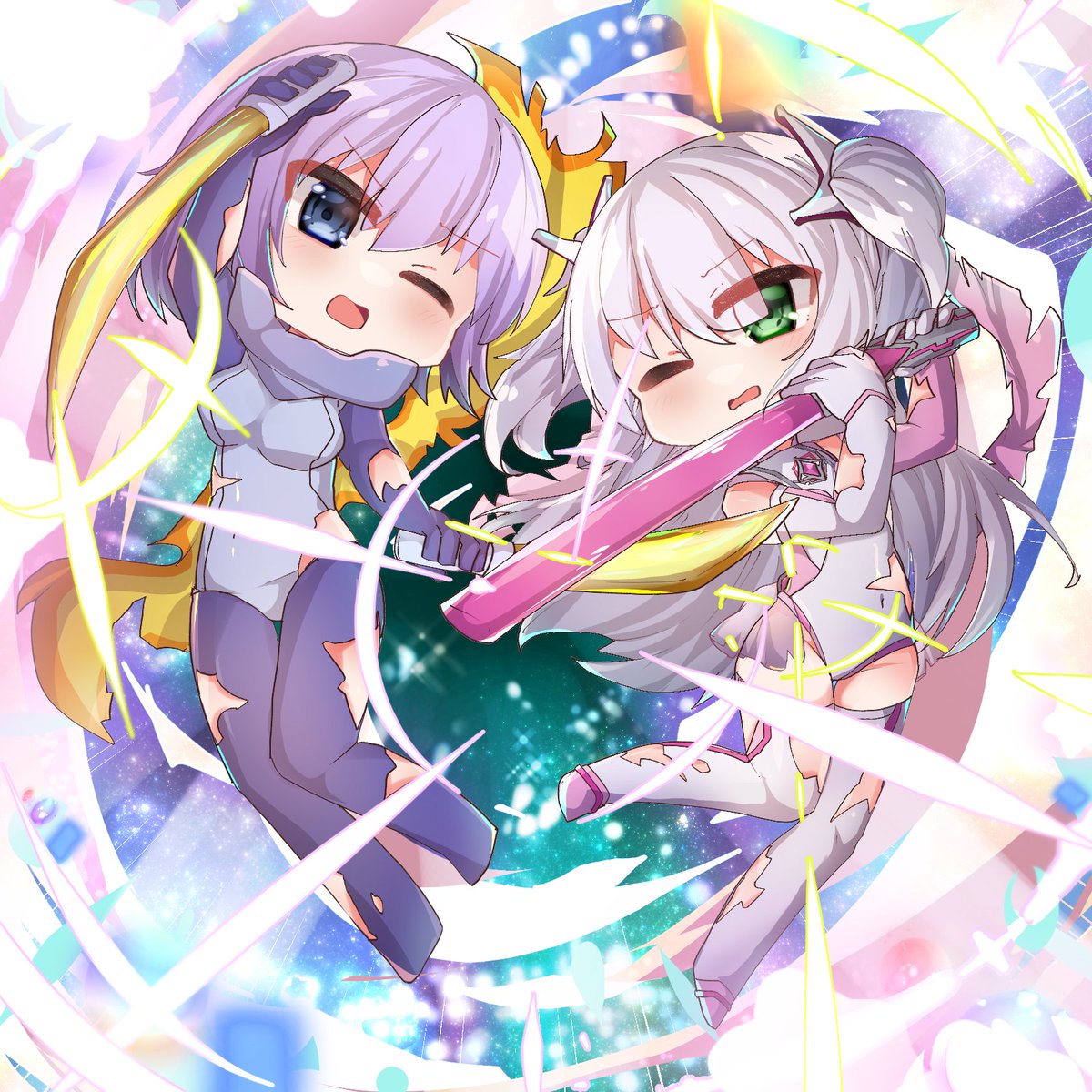 skebで依頼した    
うちよそ変身ヒロインコラボイラストが
納品されました        

「互いに武器を構える小さき女の子ふたり」   
※2枚目は破き差分   

コラボ相手⇒じゃらみテイマーズ様(#jarami_tamer)の
ヒカゲちゃん(瑞雲緋影ちゃん)をお借りしました!

次リプで絵師様紹介になります～ 