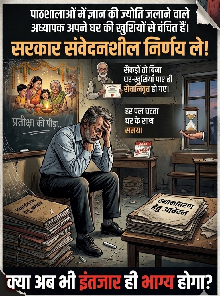 Nirmohi13021990's tweet photo. एक अध्यापक प्रतिदिन बच्चों को सपने देखना सिखाता है, लेकिन उसका अपना सपना—घर के पास पदस्थापन—अधूरा है।
अब न्याय का समय है।
@BhajanlalBjp @Bhajanlalofc @madandilawar @narendramodi @narendramodi_in @PMOIndia @RajCMO @rajeduofficial
#अध्यापक_मांगे_स्थानांतरण https://t.co/4cwGjrRD5Q