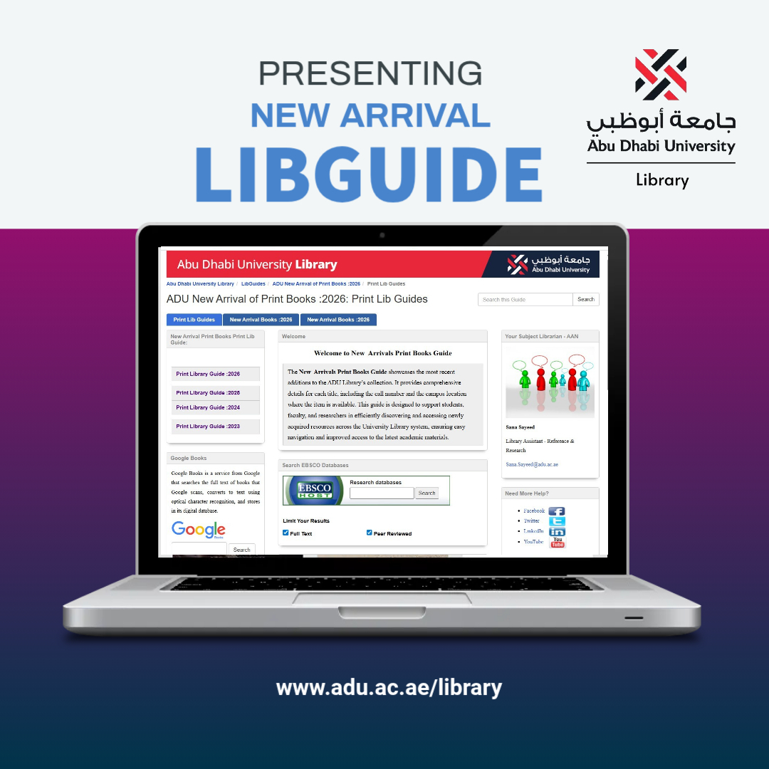 ADURef's tweet photo. Exciting news! The Abu Dhabi University Library has just launched new arrival print collection LibGuide!📷 Dive into the latest reads and explore new perspectives.

Access LibGuide : https://t.co/llpDDsQRER

#AdULibrary #abudhabiuniveristy #LibGuide #library #newcollection https://t.co/2KjH2ZByke