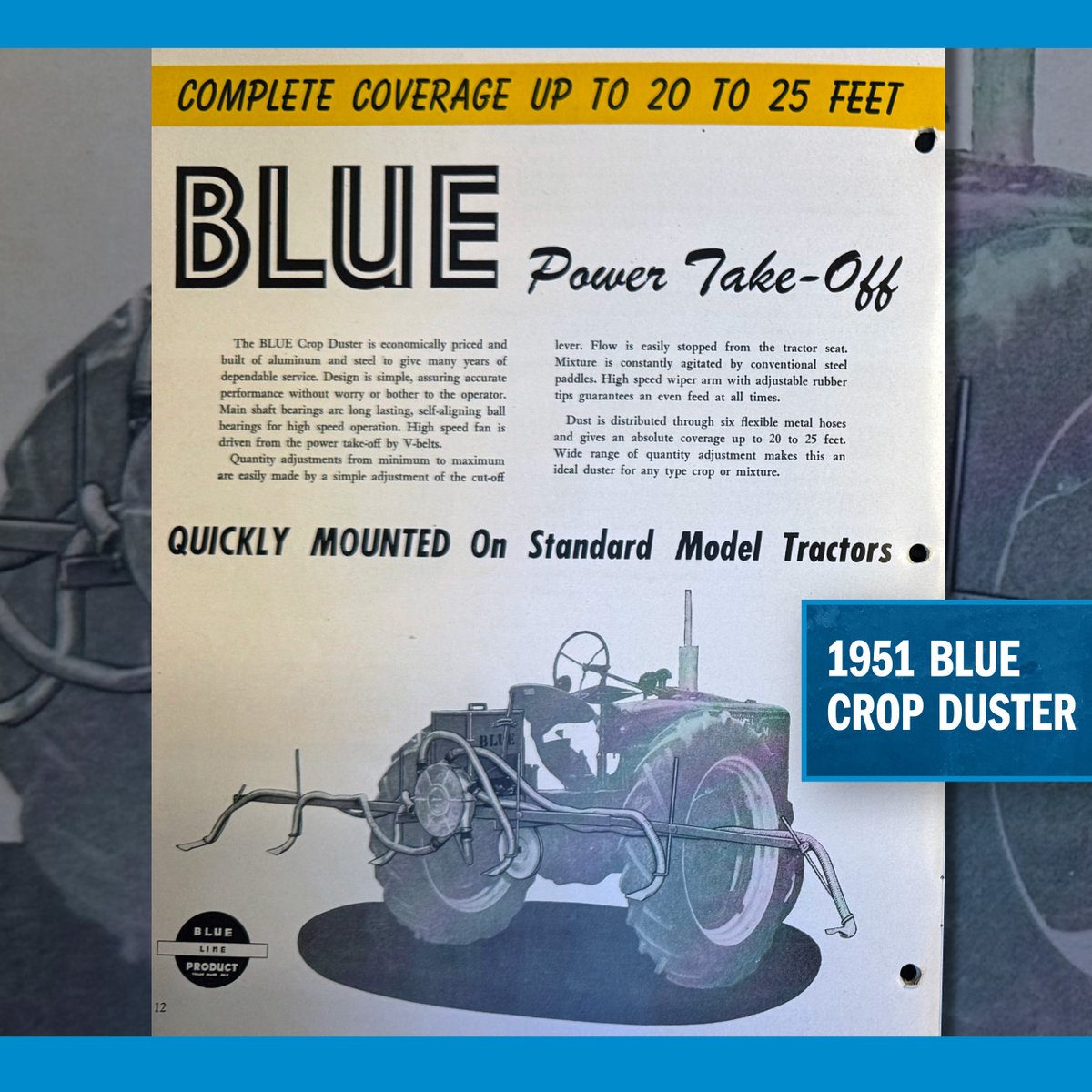 Here's a throwback to 1951! The BLUE Crop Duster was engineered with rugged aluminum and steel construction for long-lasting performance in the field. Equipped with six flexible metal hoses, it delivered thorough coverage up to 25 feet.

#JohnBlueTBT #TBT