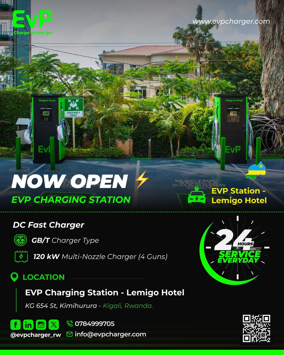 DC Fast Charging station is NOW OPEN! 🔋
• Available Chargers: 2 
• ⁠🔌 GBT Charger Type
• ⚡️ 120KW Capacity
• Double Nozzle 
• ⁠Guns available: 4
• ⏰ Open 24 HOURS for your convenience!
• Location: Lemigo HOTEL
Charge on the go!

#evprw  #evpchargerw #fastcharger