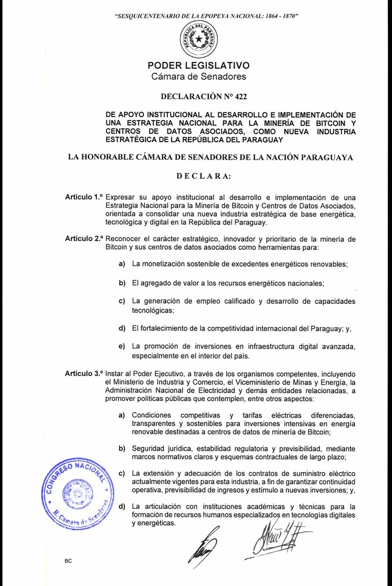 ncristaldo's tweet photo. Bitcoin Mining in Paraguay gets full support of the congress. https://t.co/8V11VMvVA5