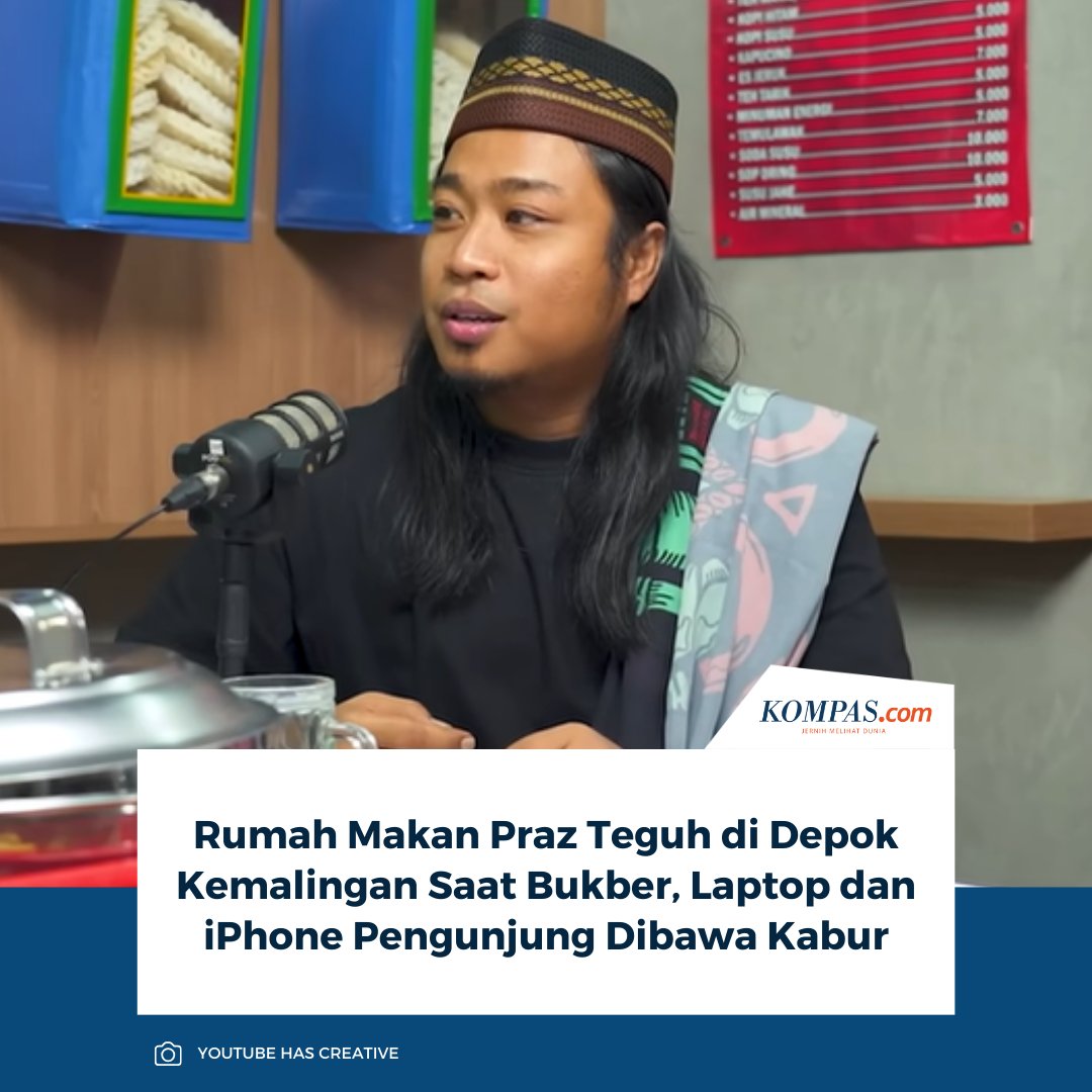 kompascom's tweet image. Rumah makan milik komika dan podcaster Praz Teguh di Warung Taburai, Depok menjadi lokasi aksi pencurian saat acara buka bersama pada Selasa, 3 Maret 2026 sekitar pukul 18.22 WIB.

👉🏻Baca selengkapnya kompas.com/hype/read/2026…

~AM #PrazTeguh #Pencurian #Depok