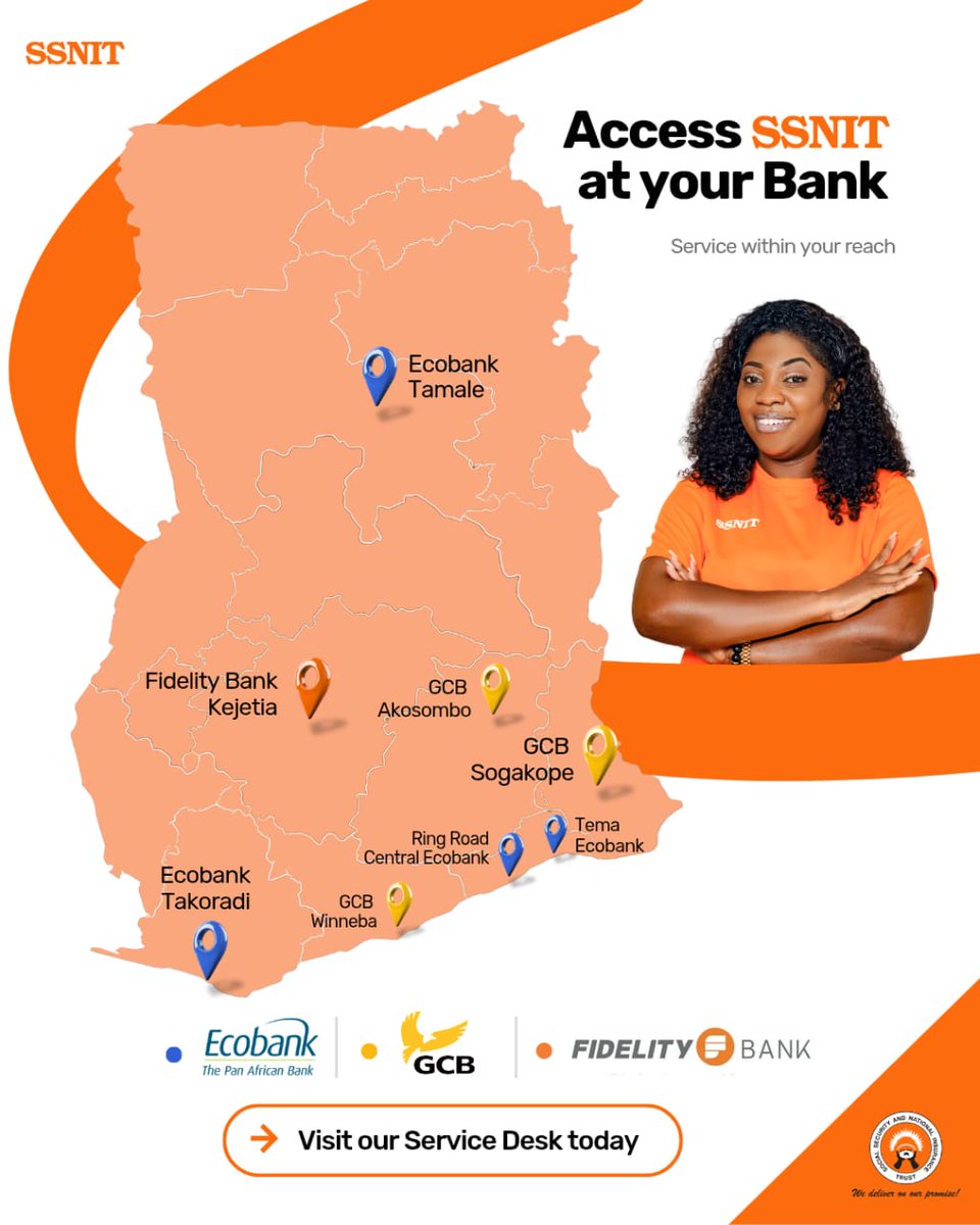 ssnit_gh's tweet photo. First of its kind...
Proudly #SSNITGhana.
Pilot service desks now live at Ecobank, GCB &amp; Fidelity Bank.
Watch out for the BIG launch! 🚀 
#SSNITAtYourBank #SSNITDelivers https://t.co/d0sNpKacUW