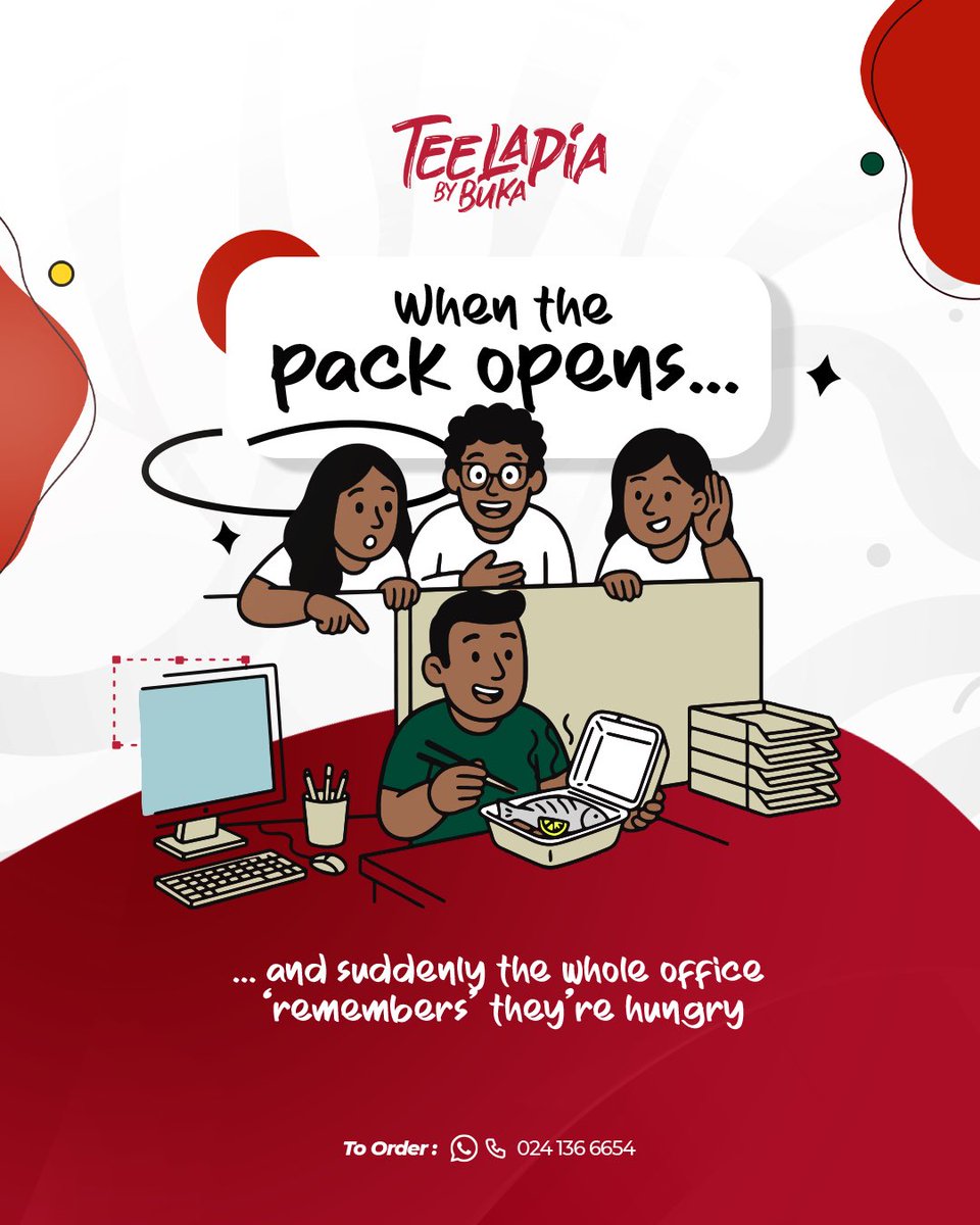 The smell of Teelapia announcing it to the entire office😭🔥
Tag the colleague that will definitely ask for “just a small piece.” 👀
 
Call 0241366654 to Order. We are open till 7pm from Monday to Saturday
#teelapiabybuka #tilapia🐟 #relatable #takeoutanddelivery #viral