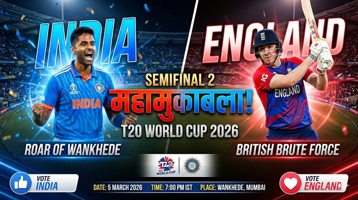 वानखेड़े की लाल मिट्टी और सेमीफाइनल का हाई-वोल्टेज ड्रामा! 🔥
आज गूंजेगा पूरा मुंबई, क्योंकि सामने है इंग्लैंड और मिशन है फाइनल की टिकेट। 🇮🇳 🏆
क्या सूर्या की सेना आज फिर इतिहास रचेगी? अपनी प्रेडिक्शन नीचे कमेंट्स में बताएं! 👇#INDvsENGSemiFinal
#INDvENG #T20WorldCup #TeamIndia