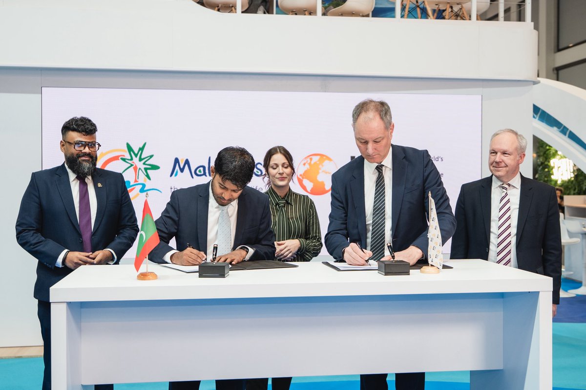 visitmaldivesco's tweet photo. The Maldives has been announced as the Official Host Country of ITB Berlin 2027. The agreement was signed at ITB Berlin 2026 by Mr Ibrahim Shiuree, CEO and Managing Director of Visit Maldives, and Dr Mario Tobias, CEO of Messe Berlin. https://t.co/98oMGfmsOl