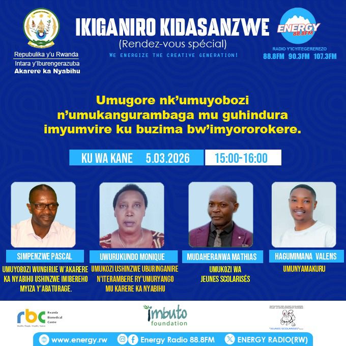 ENERGY888FM's tweet photo. IKIGANIRO KIDASANZWE!

Umugore nk'umuyobozi n'umukangurambaga mu guhindura imyumvire ku buzima bw'imyororokere.

Ese ababyeyi bagira uruhe ruhare mu kuganiriza abana babo ibijyanye n’ubuzima bw’imyororokere?

Ni uguhera mu kanya saa 15h00-16h00’ kuri #EnergyRadiio .
@NyabihuDistrict 
@Imbuto 
@JeunesNgo 
@RBCRwanda