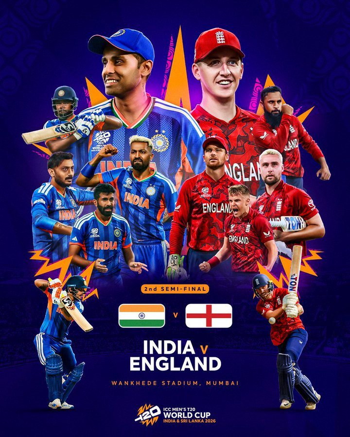 रॉयल जंग, वानखेड़े का मैदान! 🏟️
सेमीफाइनल 2 में आज होगा असली फैसला। देखते हैं किसके सिर सजेगा जीत का ताज। 👑
#INDvENG #T20WorldCup2026 #INDvsENGSemiFinal