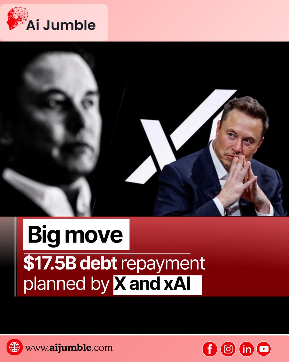 A major shift in the AI ecosystem.

Elon Musk’s X and xAI plan to repay $17.5B in debt, signaling how financial strategy is becoming as critical as technology in the AI race.

AI isn’t just about innovation anymore — it’s also a capital game.
#AI  #xAI #TechNews #AITrends