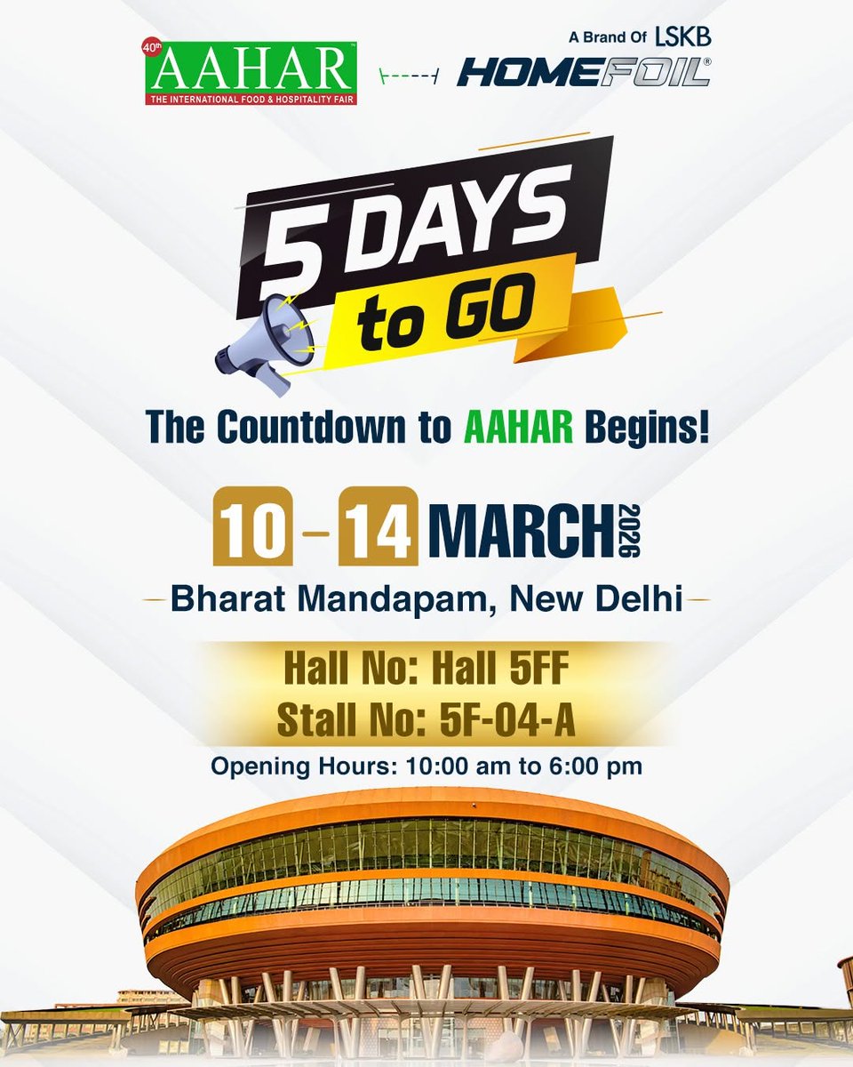 homefoil's tweet photo. 5 Days to Go!

The countdown to #AAHAR2026 begins!
HOMEFOIL, a brand of LSKB, is set to showcase smart food packaging solutions for modern kitchens, HoReCa professionals &amp; food businesses.

Discover aluminium containers, kitchen foil &amp; grease-proof solutions.
#Homefoil #AAHAR2026 https://t.co/1AgVmm4ABa
