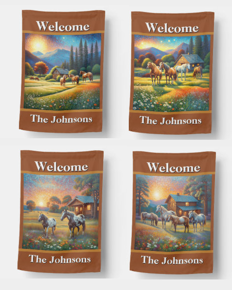 tshirt_painter's tweet photo. Personalized Horse Farms House Flags Welcome to our Farm add your Name.  Both sides printed, change any of the text.  Also have garden flags with dog breeds, colorful scenery, bible verses and more.   Zazzle.  https://t.co/RWWq2GgMbm https://t.co/MWkC3ui3k4