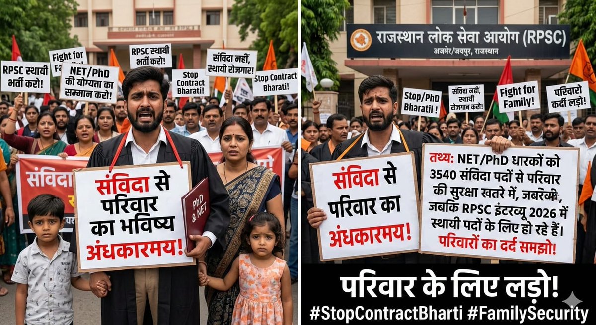 RakeshParihar0_'s tweet photo. उच्च शिक्षा में 5 वर्ष की संविदा भर्ती स्वीकार नहीं!
NET / SET / JRF / PhD योग्य युवाओं को स्थायी अवसर चाहिए।
RAJ-CES व्यवस्था उच्च शिक्षा और युवाओं के भविष्य के साथ अन्याय है।
नियमित पद सृजित कर भर्ती RPSC के माध्यम से हो।
#NoToRajCES #SaveHigherEducation #RegularRecruitment
@DrPremBairwa @BhajanlalBjp @TikaRamJullyINC @VinodJakharIN