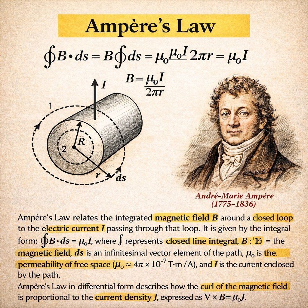 Ampère’s Law is electromagnetism at its finest! ∮B·ds = μ₀I shows any current I generates a circling magnetic field B. For a straight wire the symmetry gives the iconic B = μ₀I/(2πr) used everywhere from power grids to MRI machines.  
The differential form ∇×B = μ₀J
