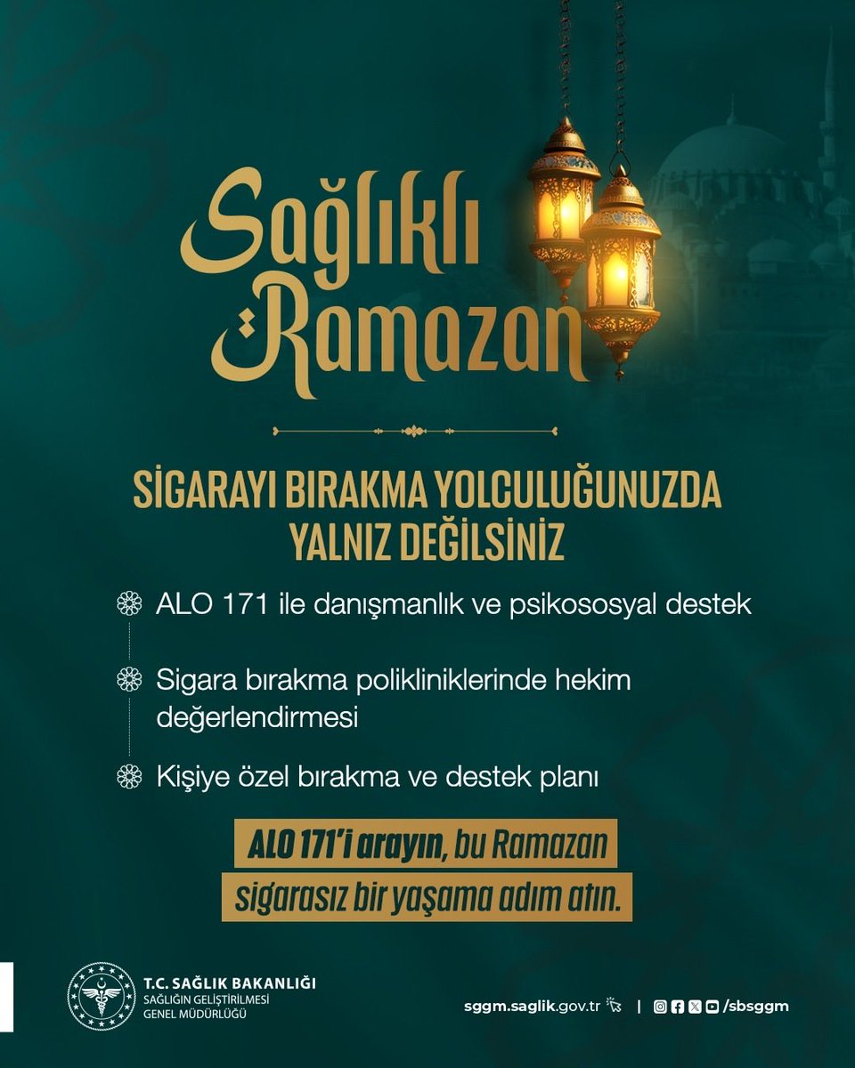 Sigarayı bırakma yolculuğunda yalnız değilsiniz!

Sigara Bırakma Poliklinikleri ve 7 gün 24 saat hizmet veren ALO 171 Sigara Bırakma Danışma Hattı ile daima yanınızdayız.

Şimdi değilse ne zaman?

#SağlıklıTürkiyeYüzyılı
#SağlığıGeliştirenTürkiye
#DumansızTürkiye
#SağlıklıRamazan