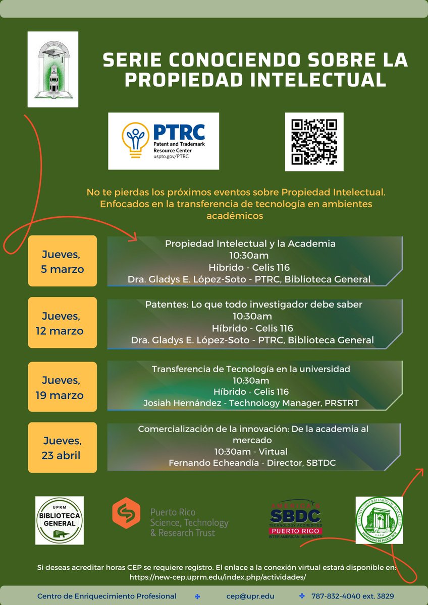 BibliotecaUPRM's tweet image. 📣 HOY comienza la Serie Conociendo sobre la Propiedad Intelectual con la actividad: Propiedad Intelectual y la Academia.

🔗 Regístrate en: 
new-cep.uprm.edu/index.php/acti… 

Se convalidarán horas de mejoramiento profesional CEP.

#UPRM #uprmlibrary #bibliotecauprm #PTRC #cepuprm