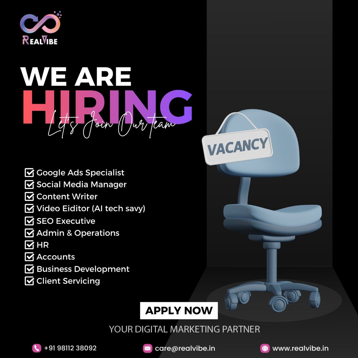 RealVibedigital's tweet photo. We’re growing! 🚀
 Realvibe is hiring for multiple roles in Digital Marketing.
If you want to learn, grow, and work on exciting projects, this could be your opportunity.

📞 +91 98112 38092
📩 care@realvibe.in

#RealVibe #HiringNow #DigitalMarketingJobs #JoinOurTeam #ApplyNow https://t.co/bb2B2Q4Mgo