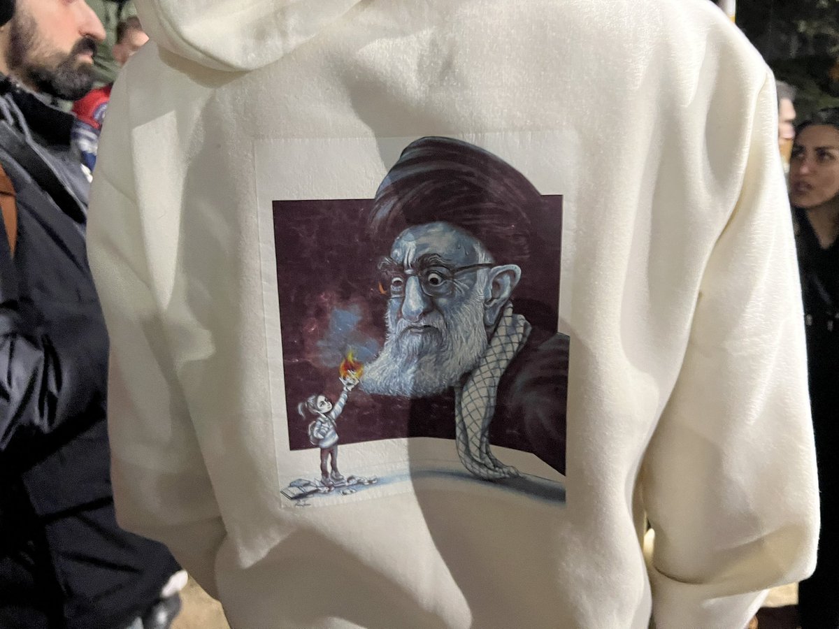 guramios's tweet photo. A hoodie worn by an Iranian protester in front of the embassy of Iran in Georgia. https://t.co/OWurixmlKW