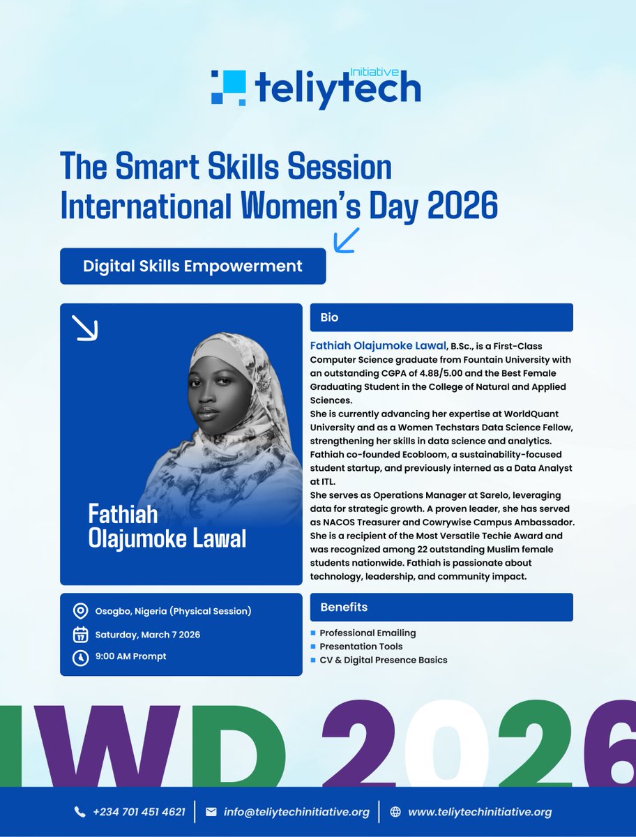 𝙈𝙚𝙚𝙩 𝙤𝙪𝙧 𝙛𝙖𝙘𝙞𝙡𝙞𝙩𝙖𝙩𝙤𝙧 𝙛𝙤𝙧 𝙏𝙝𝙚 𝙎𝙢𝙖𝙧𝙩 𝙎𝙠𝙞𝙡𝙡𝙨 𝙎𝙚𝙨𝙨𝙞𝙤𝙣 – 𝙄𝙒𝘿 𝟮𝟬𝟮𝟲

𝗙𝗮𝘁𝗵𝗶𝗮𝗵 𝗟𝗮𝘄𝗮𝗹 will be leading our hands-on digital skills training for young women in Osogbo on March 7.

#IWD2026 #DigitalInclusion #TeliyTechInitiative