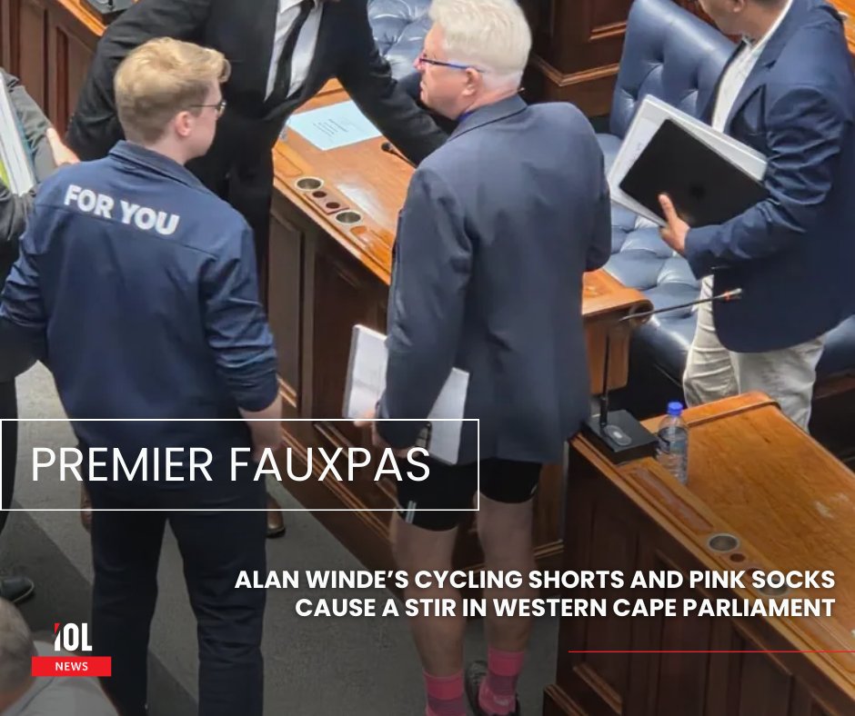 IOL's tweet photo. The ANC was not impressed after Premier Alan Winde pitched up in cycling shorts and pink socks to the Western Cape Legislature. 
#AlanWinde #WesternCape #ANC #CyclingShorts #LegislatureDrama
Read on: https://t.co/HDr7DifJnY https://t.co/wvGQaaTW3Y
