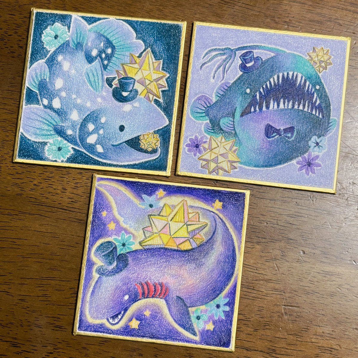 新作豆色紙原画🐠 シーラカンス、チョウチンアンコウ、ラブカの3点持っ