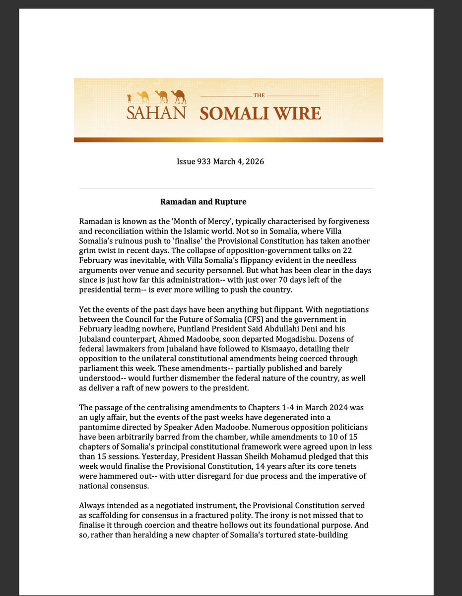 RAbdiAnalyst's tweet photo. "Ramadan may be the month of mercy, but when the holy month ends, Somalia may stand on the cusp of something far less forgiving — the disintegration of the Third Republic."

Excellent op-ed from @SahanResearch's The Somalia Wire on the Horn state's unravelling fragile political settlement.