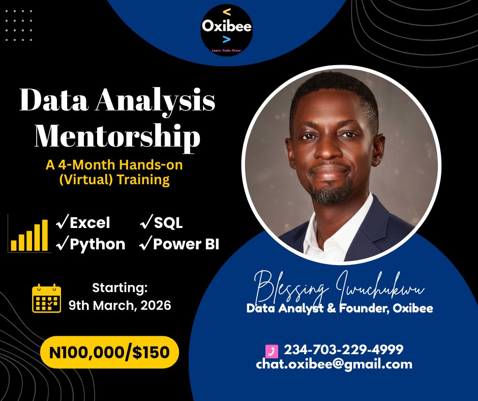 Blessing_OI's tweet photo. Data is everywhere. But insight is rare.

That’s why in this Data Analysis Training, I'll be teaching you how to think like an analyst: ask the right questions, clean messy data, and turn numbers into Business Intelligence that supports real decisions.

Reply DATA if interested. https://t.co/if2wdz0SGv