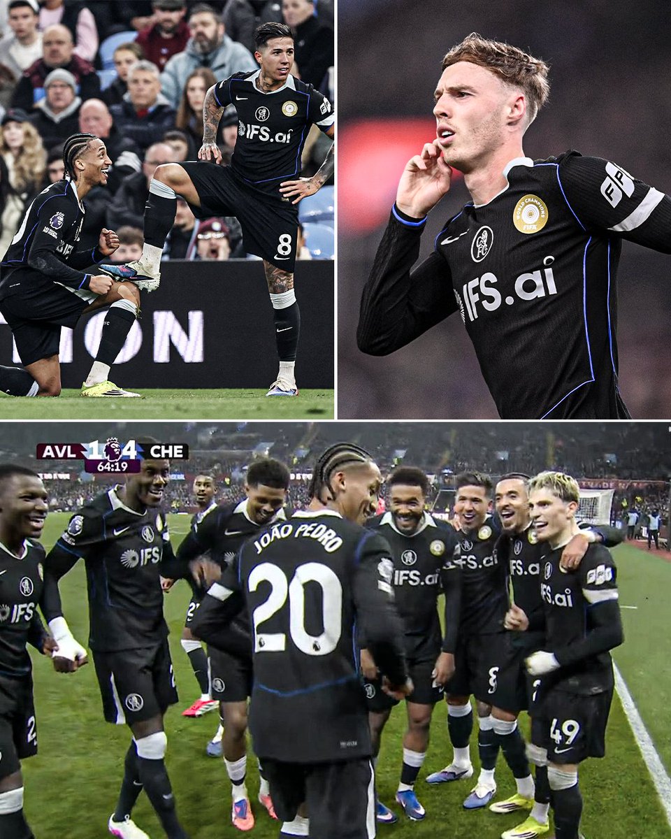 ESPNUK's tweet photo. Enzo shoe shine. 
Palmer cupping his ear. 
Pedro dance.

Chelsea soaking in that win at Villa 🤩 https://t.co/EmlK1yExDQ