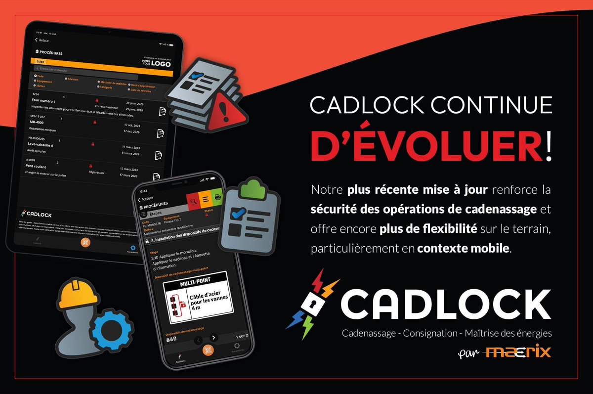 Maerix's tweet photo. Cadlock continue d’évoluer! Notre plus récente mise à jour renforce la sécurité des opérations de cadenassage et offre encore plus de flexibilité sur le terrain, particulièrement en contexte mobile.

👉 Découvrez Cadlock et demandez une démo :
https://t.co/Mz3re9CyrY https://t.co/ybW4U01KfN