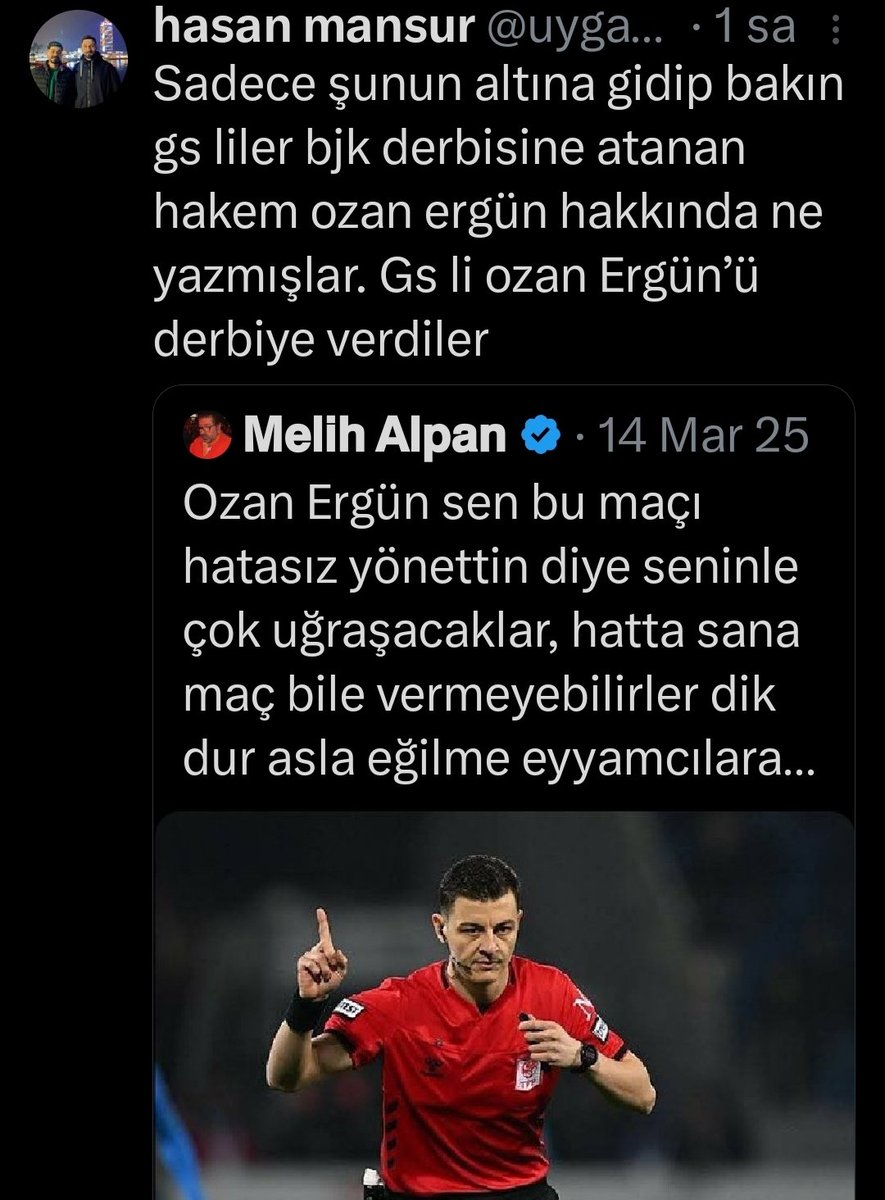 melihalpan's tweet photo. Şimdi akıllarınca bu 2 klavye çocuğu 2025 yılında Ozan  Ergün ile attığım tweetle beni hedef gösteriyorlar... Araştırmadan benim ne yaptığımı bilmeden ahkam kesiyorlar...
1.cisi 14 Mart 2025 yılında atılan bu tweet Ozan Ergün'ün Süper ligde yönettiği ilk maçtı... Ortaya düdük çalınan bir maçtı yeni bir hakem olduğundan eytam yapmadığı için Türk futbolu adına sevindim ve tweet içeriğinde olduğu gibi hakeme diğer hakemler gibi olmaması temennisi var. Ama Ozan Ergün daha sonra yönettiği maçlarda belki hatalar yaptı belki günün şartlarına uydu bilemem ama daha sonraki tweetlerimle kendisini eleştirmişim... Beni akıllarınca linçletmek isteyen kişilere sormak lazım eğer gerçekten Bjkliyseniz hakemden neden şikayet ediyorsunuz Ozan Ergün Beşiktaşın 5 maçını yönetmiş 3ünü kazanmış 2sinde beraberlik almışsınız yenilginiz yok utanmanız yok