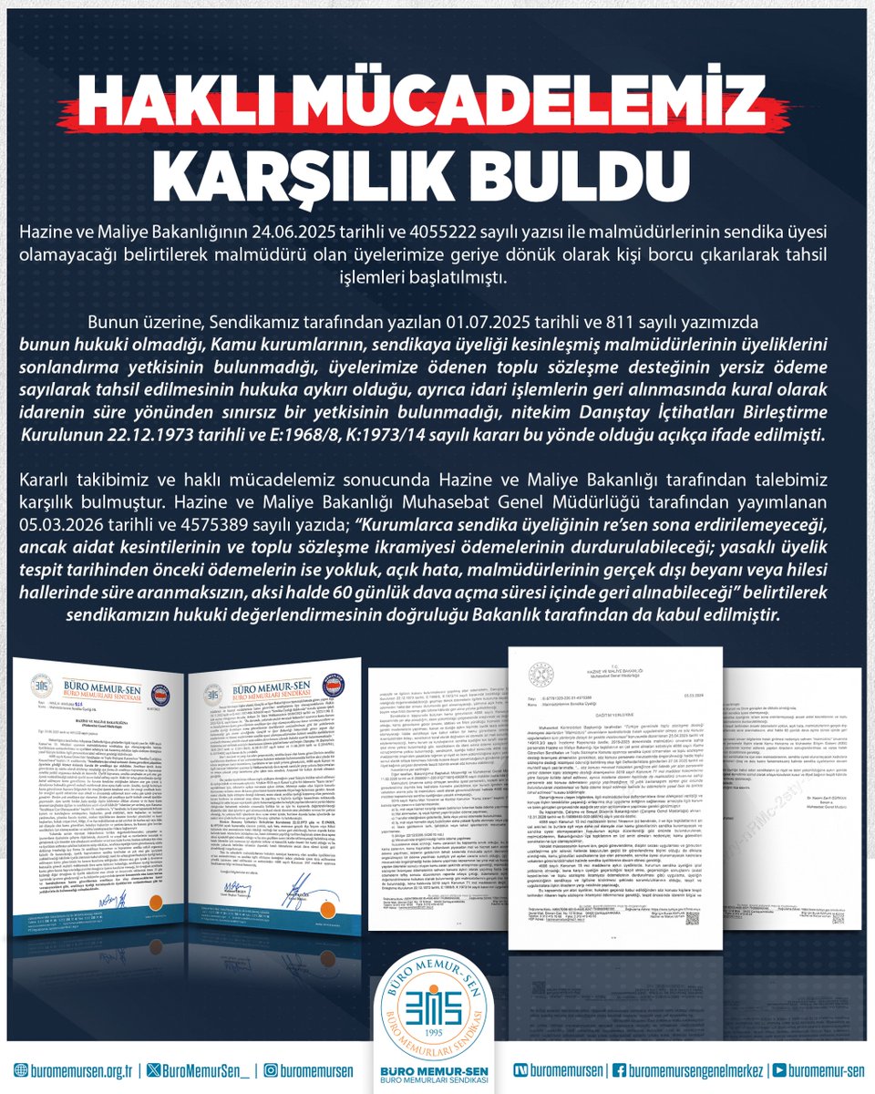 HAKLI MÜCADELEMİZ KARŞILIK BULDU

Hazine ve Maliye Bakanlığının 24.06.2025 tarihli ve 4055222 sayılı yazısı ile malmüdürlerinin sendika üyesi olamayacağı belirtilerek malmüdürü olan üyelerimize geriye dönük olarak kişi borcu çıkarılarak tahsil işlemleri başlatılmıştı.

Bunun