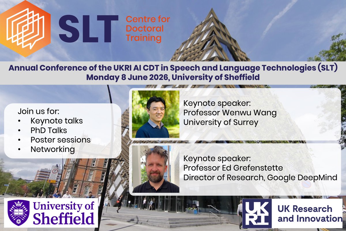 sltcdt's tweet image. Just 5 days until the abstract deadline (24 Apr) for our #conference. Non-Sheffield PhD students can present their #AI and #ML #speech or #NLProc research too!

#Keynotes from @egrefen (@GoogleDeepMind) &amp;amp; @wang_wenwu (@cvssp_research).

Find out more at slt-cdt.sheffield.ac.uk/annual-confere…