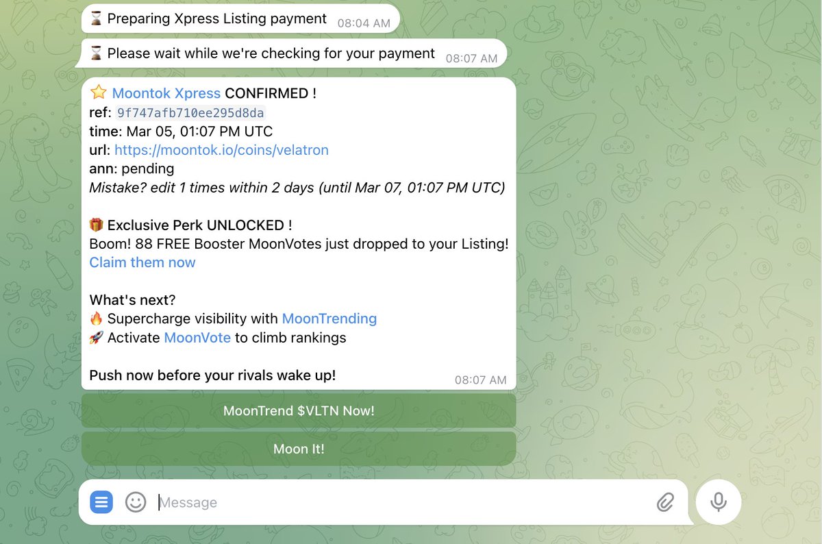 We are excited to announce that Velatron has just been listed on Moontok!

This marks another important milestone as we continue expanding the visibility and reach of the Velatron ecosystem. Each new listing strengthens the project and brings us closer to the next stage of