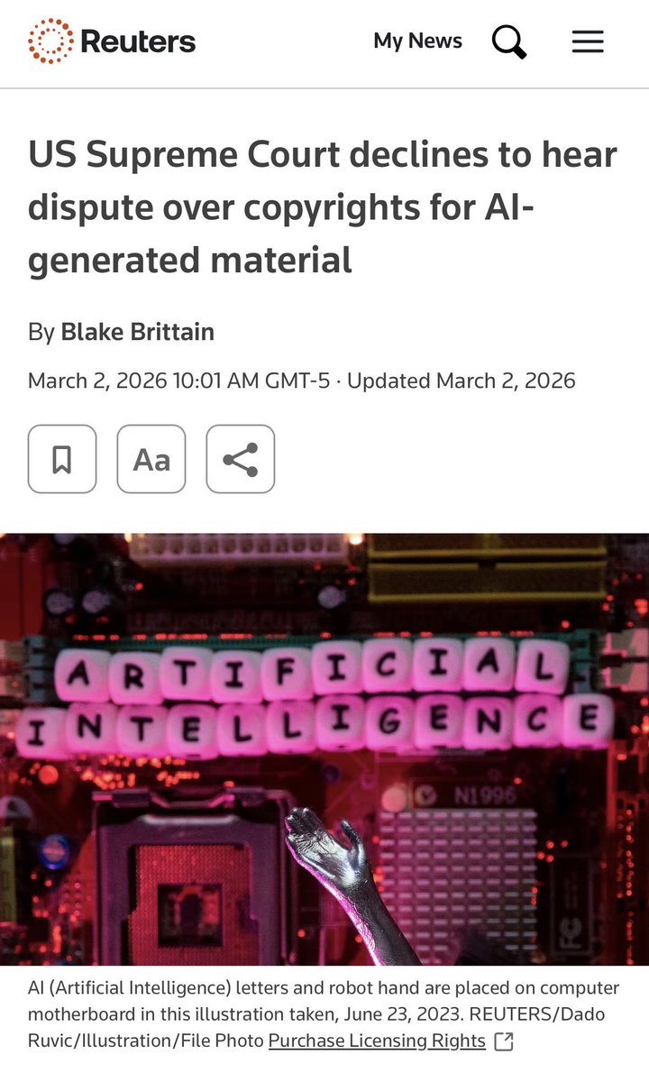 FlavioArosemena's tweet photo. La Corte Suprema de EEUU rechaza conocer caso sobre derechos de autor para la Inteligencia Artificial (IA) generativa. 

Todo el sistema internacional multilateral y regional de Propiedad Intelectual establece que sin creatividad HUMANA NO puede existir AUTORÍA y sin AUTORÍA no puede existir DERECHO DE AUTOR (Copyright). 

#PropiedadIntelectual #Copyright #InteligenciaArtificial 

https://t.co/qqwLs7Z1es