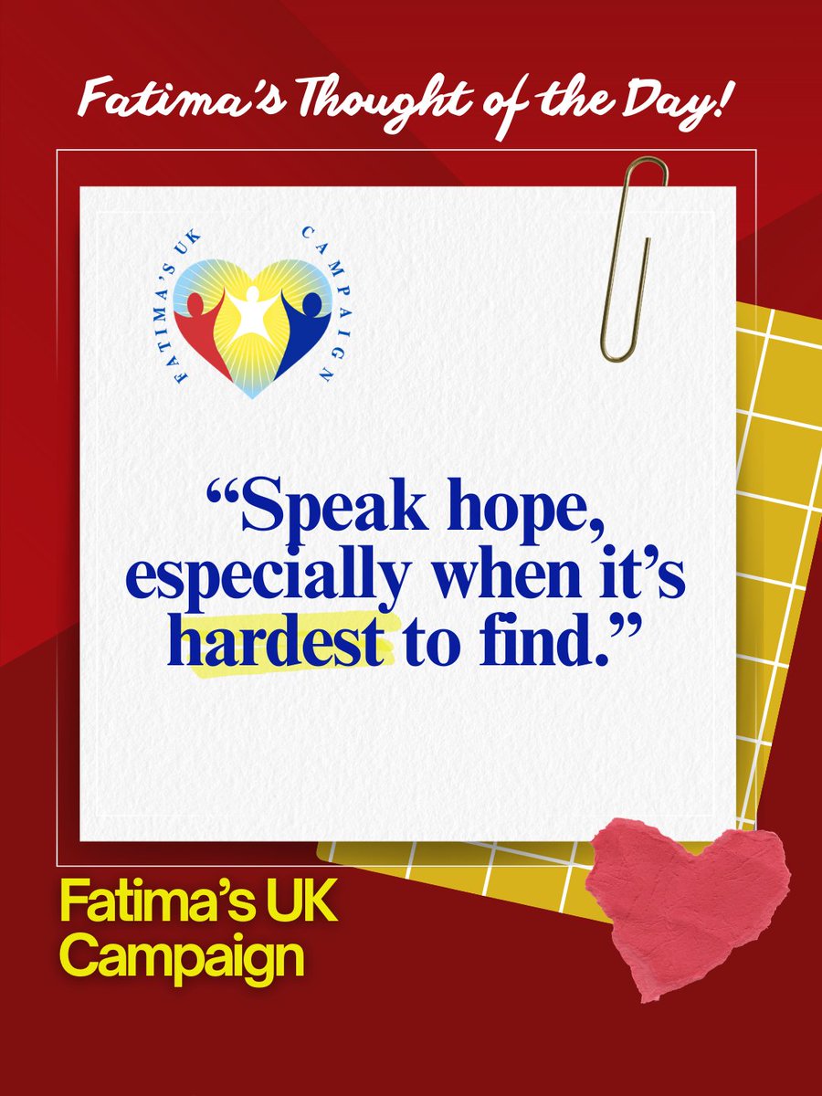 FatimaWh1tbread's tweet image. Fatima’s Thought of the Day: “Speak hope, especially when it’s hardest to find.”

Today’s Thought:
Words carry weight. In difficult moments, hope can be the light someone else is searching for.

#FatimasUKCampaign #FatimaWhitbread #SpeakHope #CareLeaversMatter #HopeInAction
