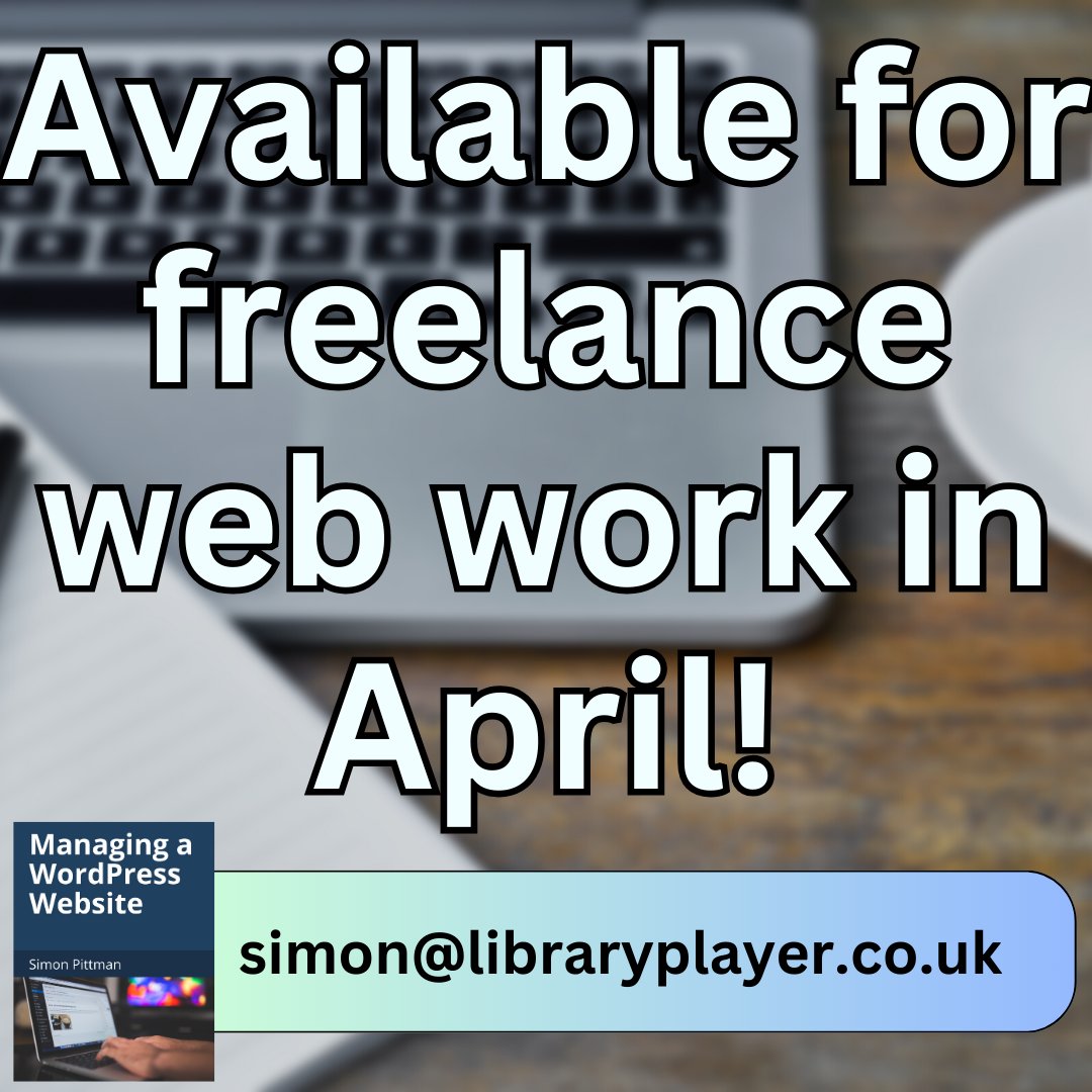 LibraryPlayer's tweet image. Anyone at #bizhour looking for help with their websites?

I still have plenty of availability for web work during the next few weeks.

I support clients with their existing websites, e.g. fixing problems, changes, etc.

Send me a DM to discuss your requirements.