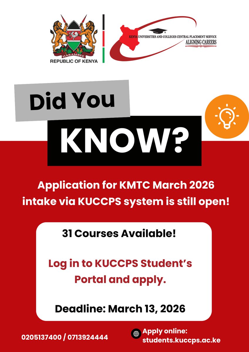 Interested in KMTC March 2026 intake?
KUCCPS  online application portal is open!
Log in to  students.kuccps.ac.ke and apply before March 13, 2026.
#KMTC2026Application