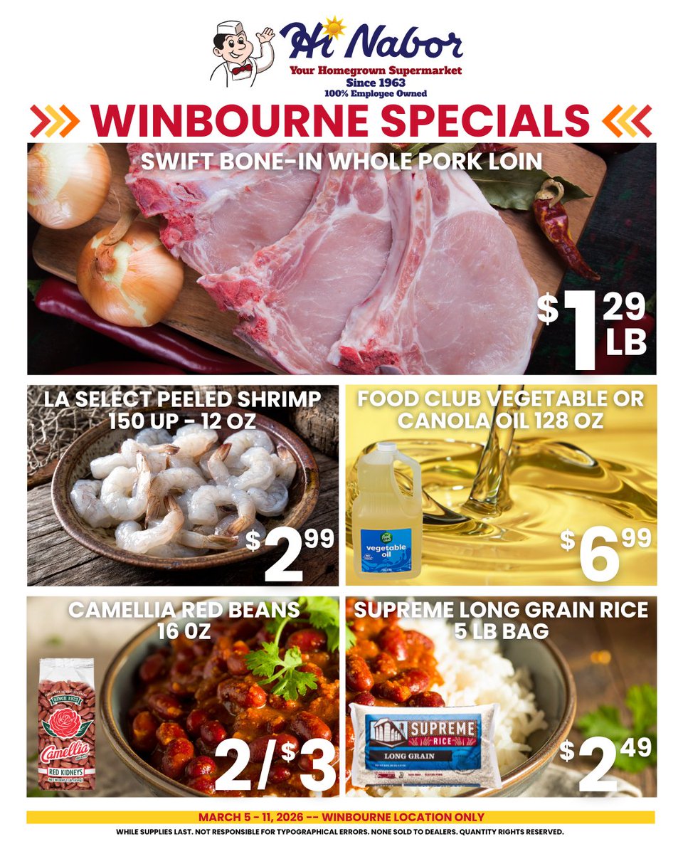 Hi_Nabor's tweet photo. 🔥 Winbourne Specials 🔥

Pork Loin $1.29/lb
Shrimp $2.99
Red Beans 2/$3
Rice $2.49

Dinner plans? Handled.

📍 Winbourne
📅 March 5–11 https://t.co/DQ16T4wxcy