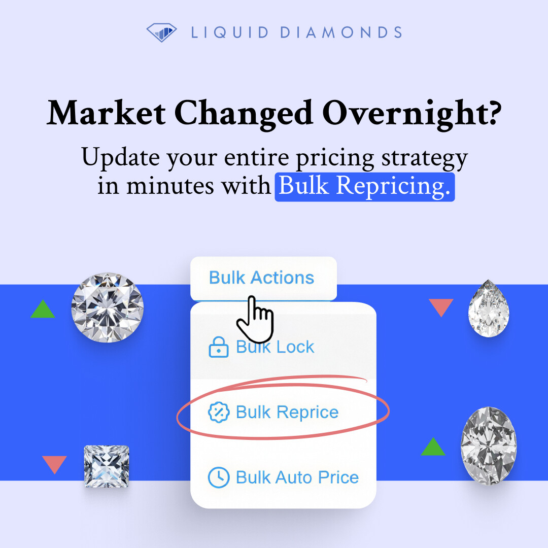 DiamondsLiquid's tweet image. Market shifted overnight?

Bulk Auto Pricing updates your entire inventory in minutes.

Choose strategy → Review adjustments → Apply to hundreds of stones.

Done while competitors are still opening spreadsheets.

Book a demo Today: 
liquid.diamonds/contact

#DiamondTech