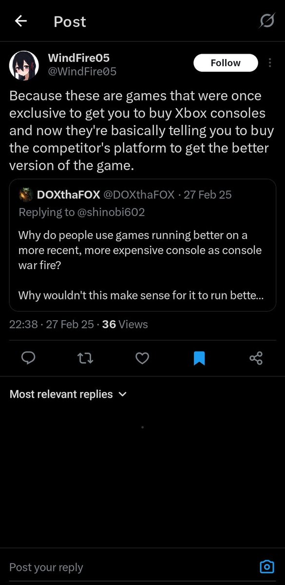 For someone that says you're against exclusivity and thinking all games should be on all platforms it's funny that I find these posts which are  about Xbox not having exclusives and how they have Xbox games running better on a competitors platform